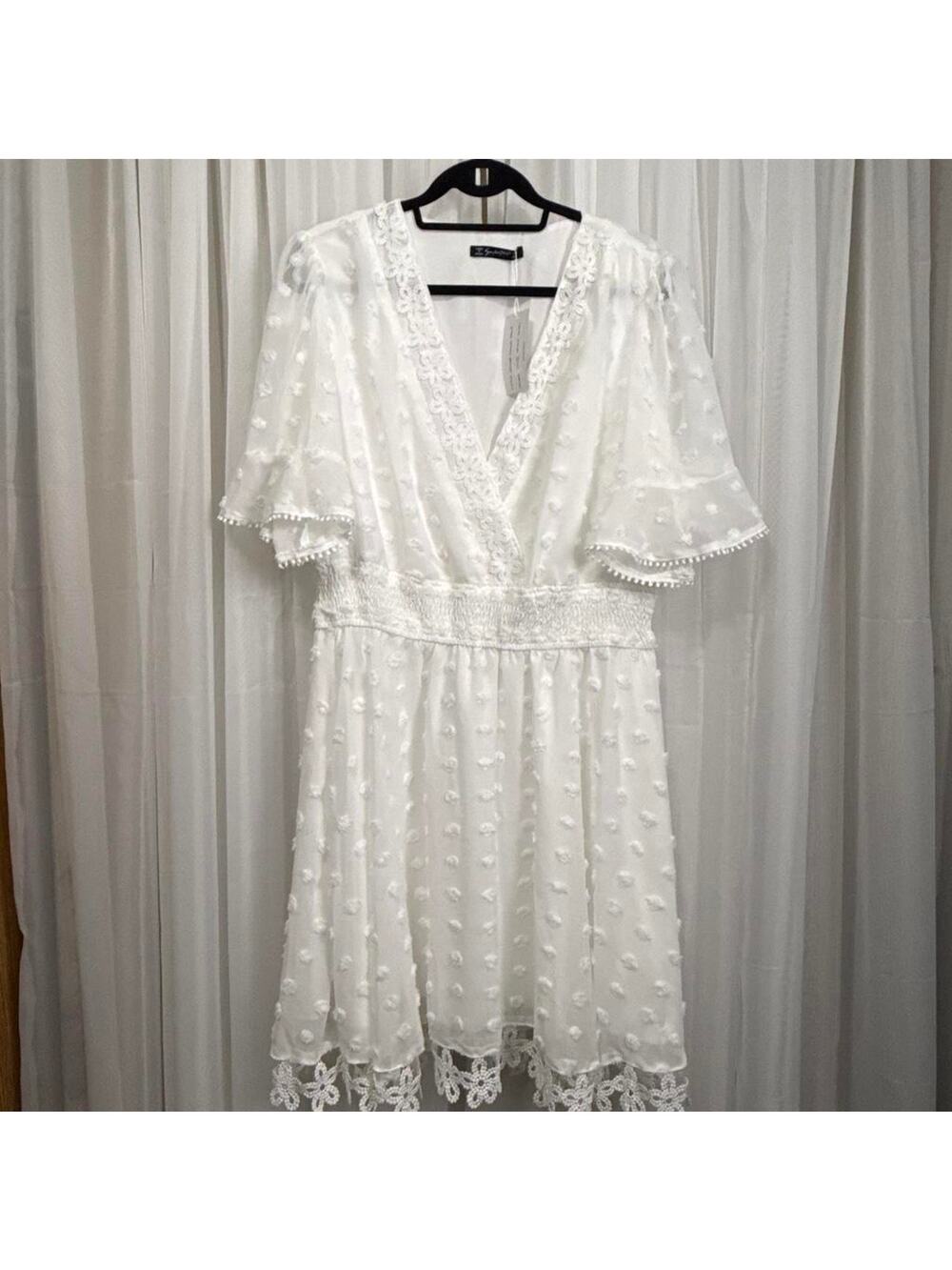 Simplee Plus White Swill Dot Lace Dress 2xl